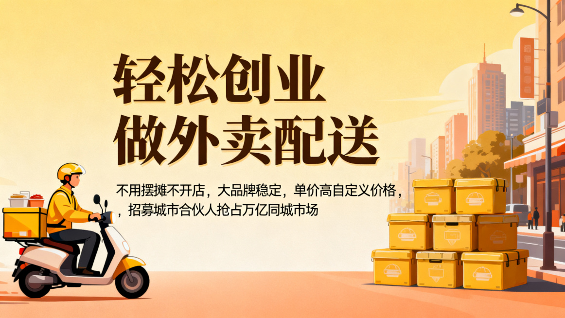 外卖创业加盟招商海报，主标题"轻松创业做外卖配送"，文案"不用摆摊不开店，大品牌稳定，单价高自定义价格，招募城市合伙人抢占万亿同城市场"，暖色温馨风格预览效果