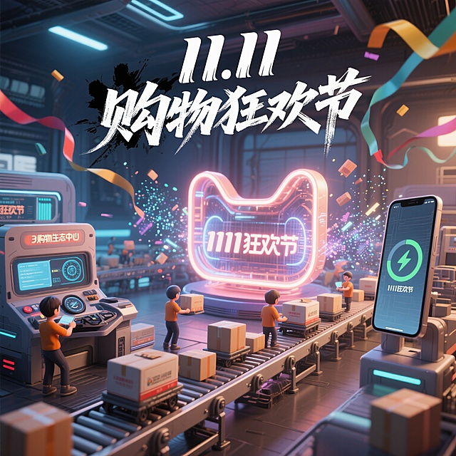 主视觉设计海报，标题字“11.11购物狂欢节”采用狂草书法字体，墨迹飞白，笔锋刚劲，线条奔放，节奏跳跃，气势磅礴。画面为动态构图的3D购物生态中心，有发光天猫形状的装置，小人团队在智能流水线作业，传送带上有包裹，配送小分队执行配送任务，驾驶舱仪表显示“1111狂欢节”数据，手机充电矩阵散发粒子光效，赛博朋克光影，故障艺术效果，周年庆彩带飘舞