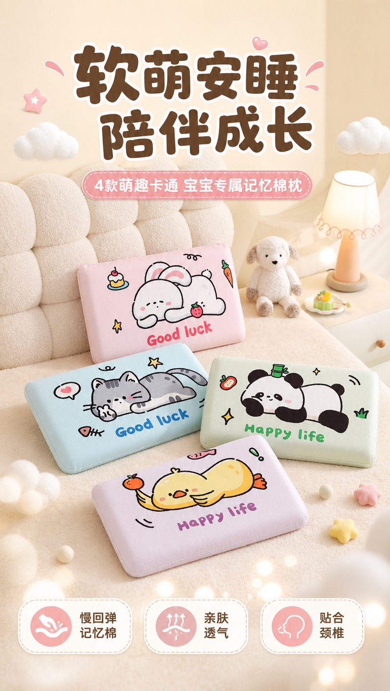 [商品] 使用【图1】4款萌趣卡通记忆棉儿童枕（粉色趴趴兔款、… - 图片创意预览