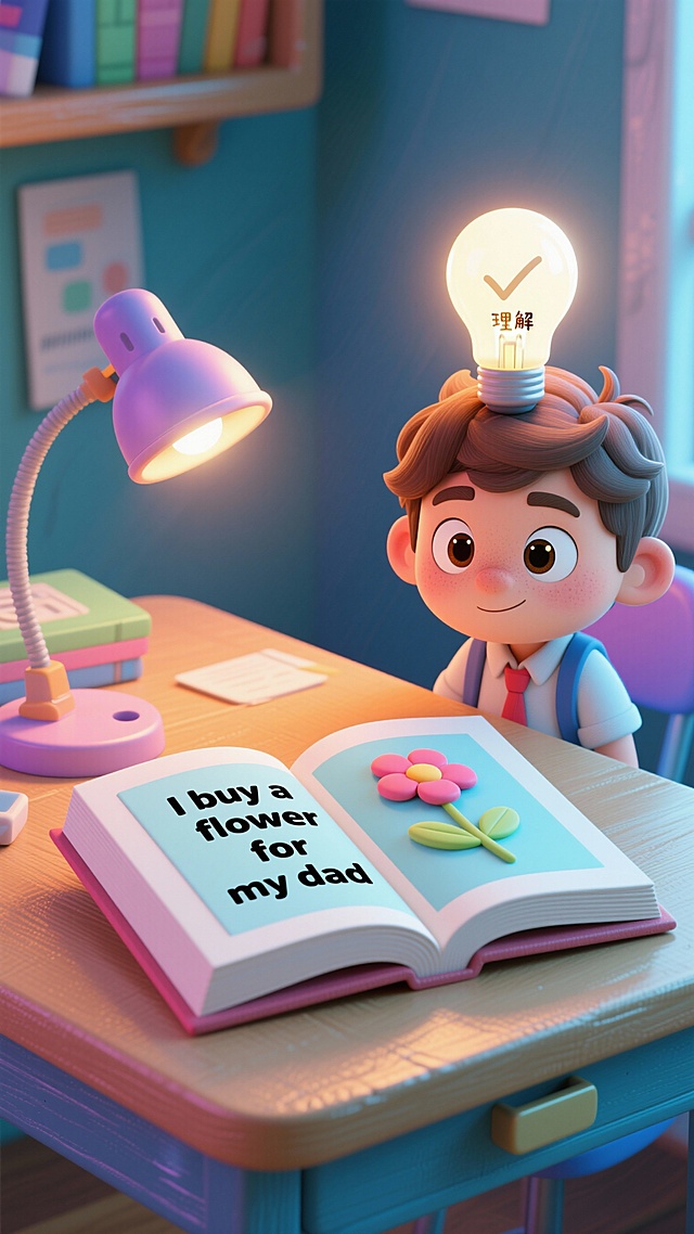 一本打开的书在桌面上，书页中央写着“I buy a flowerI / for my dad”，书本旁，一个卡通学生眼睛发亮，头顶亮起一个灯泡，灯泡里画着一个代表“理解”的勾号或笑脸。