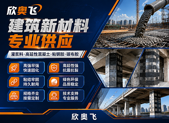 一张工业科技风格的新材料公司宣传海报，520×380横版构图，深蓝色与橙色搭配，专业大气。左上角放置品牌名称："欣奥飞"，字体醒目有力。主标题大字："建筑新材料 专业供应"，副标题："灌浆料·高延性混凝土·粘钢胶·碳布胶"。画面右侧展示混凝土施工、结构加固、建筑工程场景，体现新材料的专业应用。画面中部左侧排列6条核心优势："高强早强 快速固化"、"高延性强 抗震抗裂"、"粘结牢固 持久耐用"、"绿色环保 品质稳定"、"规格齐全 按需定制"、"技术支持 专业服务"。底部仅显示品牌名称。整体风格工业科技、专业可靠，背景搭配几何线条、建筑结构元素，突出新材料的技术感与品质感。不带电话、地址、网址。版式精美，文字清晰可读，四周留有安全边距。画面中所有信息区域必须填充完整合理的内容，不得出现空白框或占位。画面中所有数字必须精确渲染，不得错位、遗漏或编造。