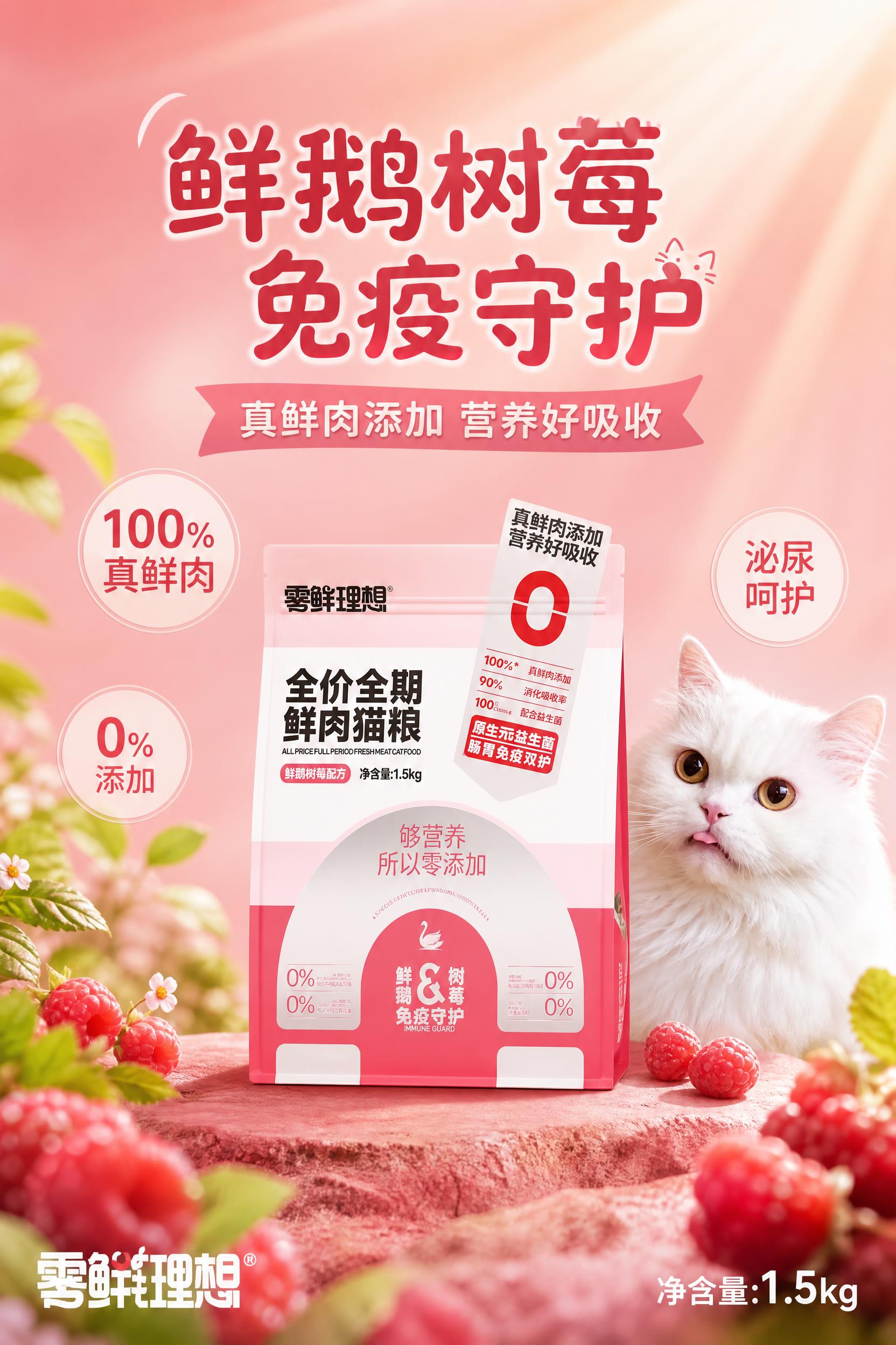 阳光治愈系宠物主食电商海报，树莓粉调温暖治愈风格。画面中央偏下… - 图片创意预览