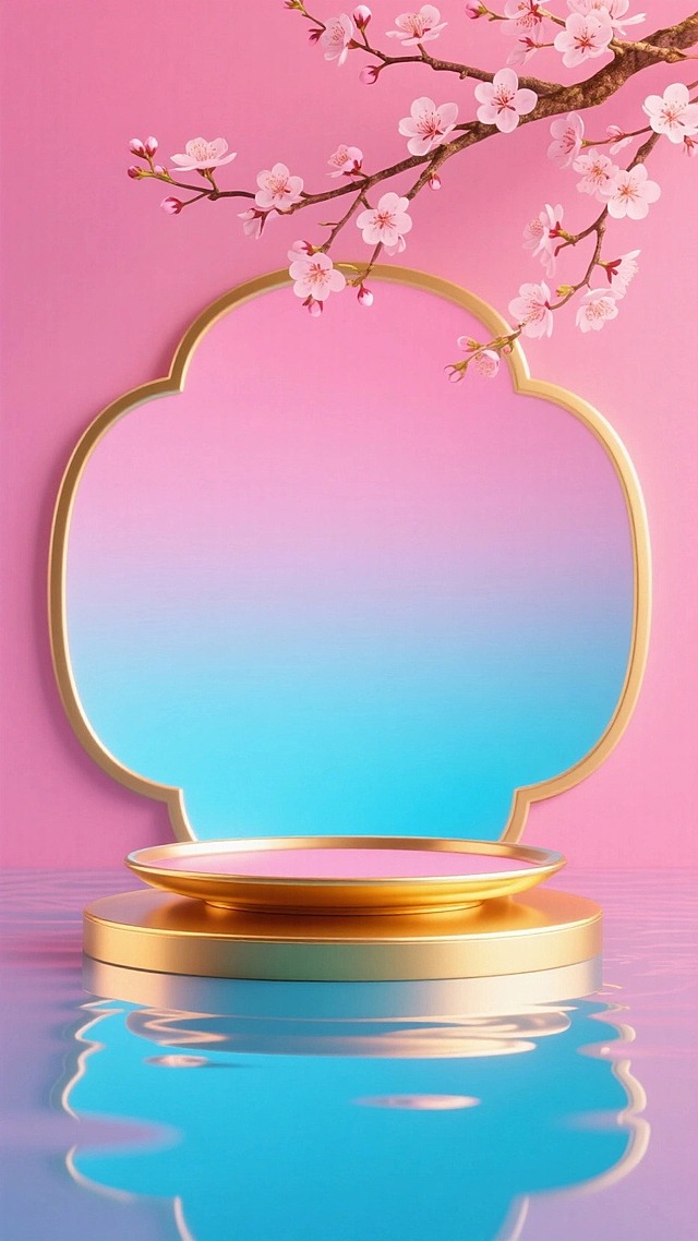 电商展台，国潮画风电商场景，桃花枝在顶部，水面倒影，托盘，渐变背景，粉色和蓝色为主色