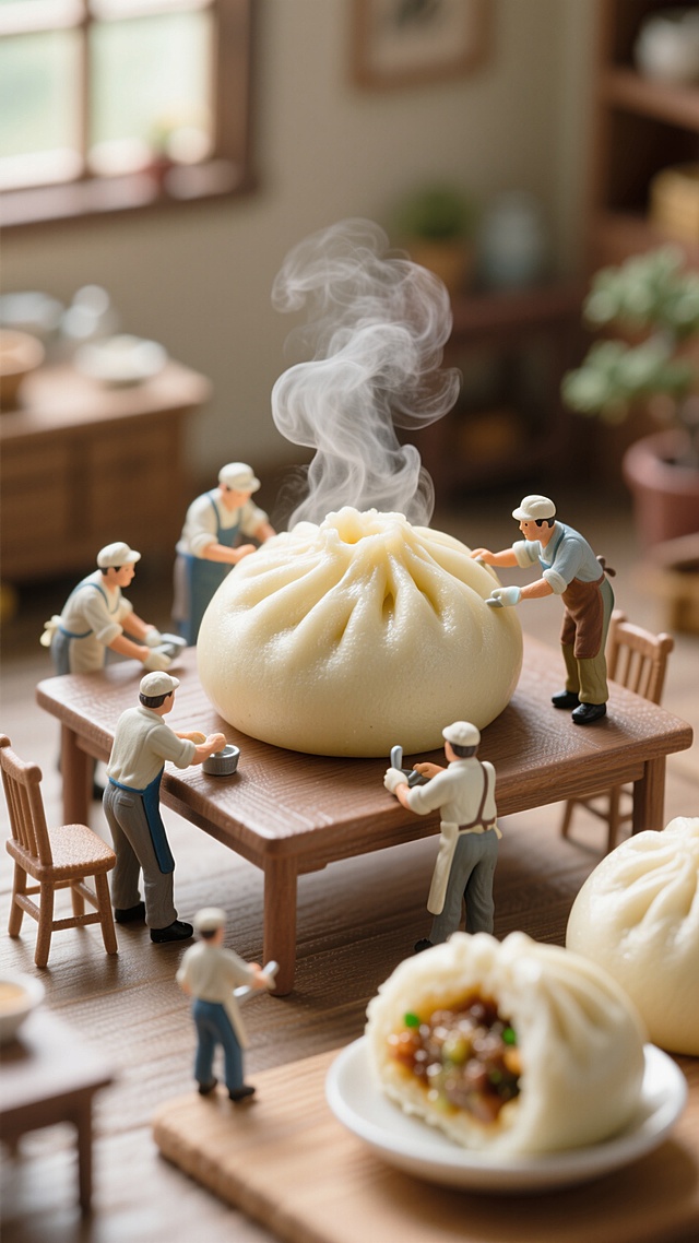 中式感卡通人物围聚巨型包子，微缩艺术风展现传统美食制作场景。
