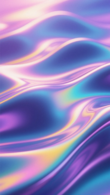 超高清3D渲染的流体渐变背景，呈现出柔和流动的波浪形态，整体色调以梦幻的蓝紫色为基底，融合了粉、黄、青等彩虹般的渐变色彩，色彩过渡平滑自然且和谐统一。光线从画面上方均匀洒落，赋予流体表面强烈而细腻的金属光泽感，高光区域明亮耀眼，阴影部分层次丰富，形成鲜明的光影对比，凸显出纹理的极致细腻。流体的每一道波纹都清晰可见，边缘光滑圆润，富有弹性与动感，仿佛在缓慢流动中凝固的瞬间，整体营造出科技感与未来……预览效果