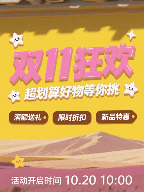 清新简约风格。画面：粉色大标题 “双 11 狂欢”，小字 “超划算好物等你挑”，点缀几颗卡通星星；“满额送礼”“限时折扣”“新品特惠” 标签，底部小字 “活动开启时间 10.20 10:00”。字体：预览效果