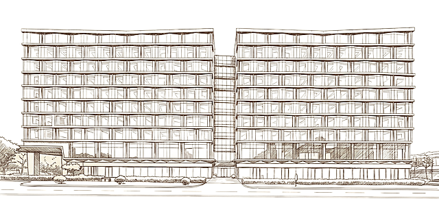 将这张建筑照片转换为棕色线条图，保留建筑结构和轮廓，只使用棕色线条表现，去除原有色彩和实景细节