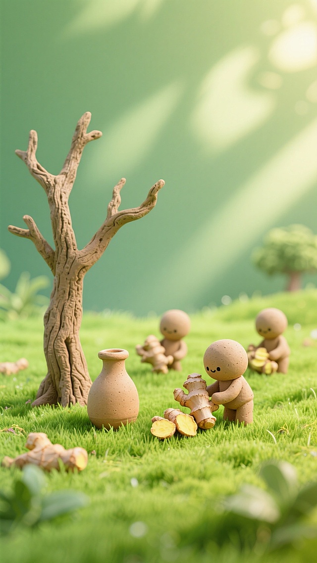 清新卡通风格，微缩粘土艺术展现自然场景，小人与树互动，营造温馨田园氛围。