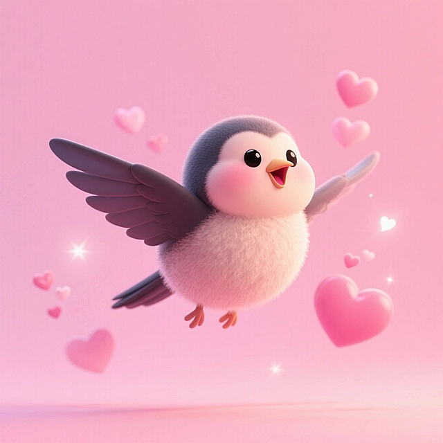 胖嘟嘟飞翔的喜鹊，可爱感，粉色背景，七夕粉红爱心氛围。