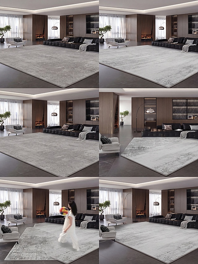 基于这7张现代简约风灰色地毯图片，统一调整成一致的高级灰调色调，优化光影质感，保持原本场景和构图不变，让每张图片的色系、光影保持统一，提升整体高级感和质感