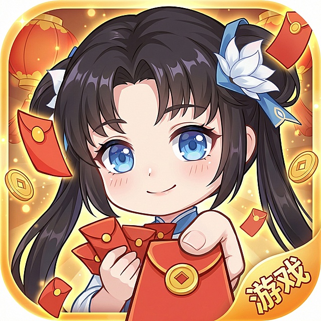 生成一个游戏的新春红包主体题的icon,人物用图一，构图用图二,偏卡通的风格，
人物左手拿红包,右手递出红包，人物周围撒点红包