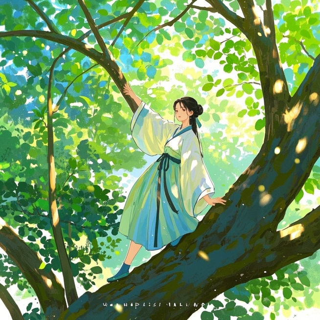 汉服女子，爬树预览效果
