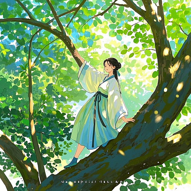 汉服女子，爬树
