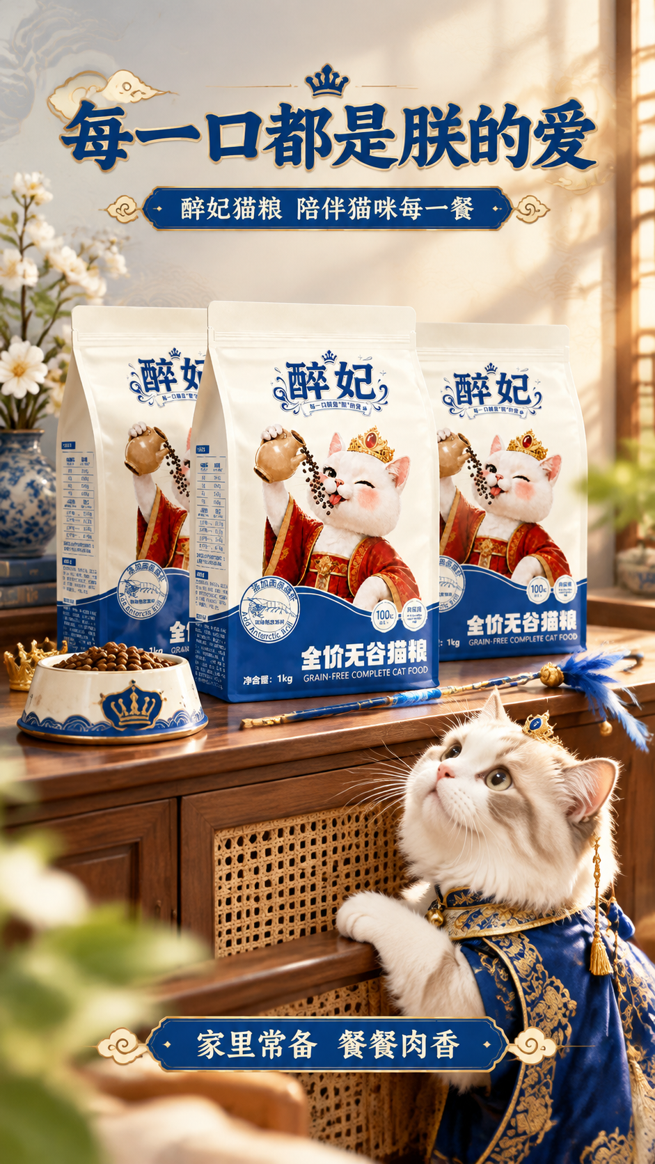 [商品] 使用【图1】醉妃猫粮包装袋，画面中展示3包同款错落陈… - 图片创意预览