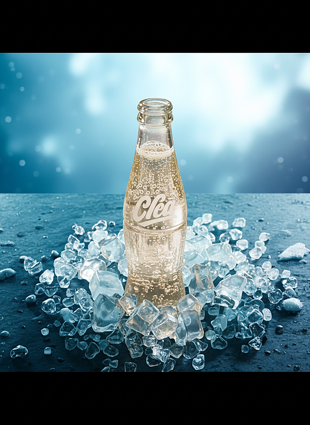 3D轻拟物风设计，透明冰块环绕瓶身，营造清爽清透感，视觉效果现代简约。