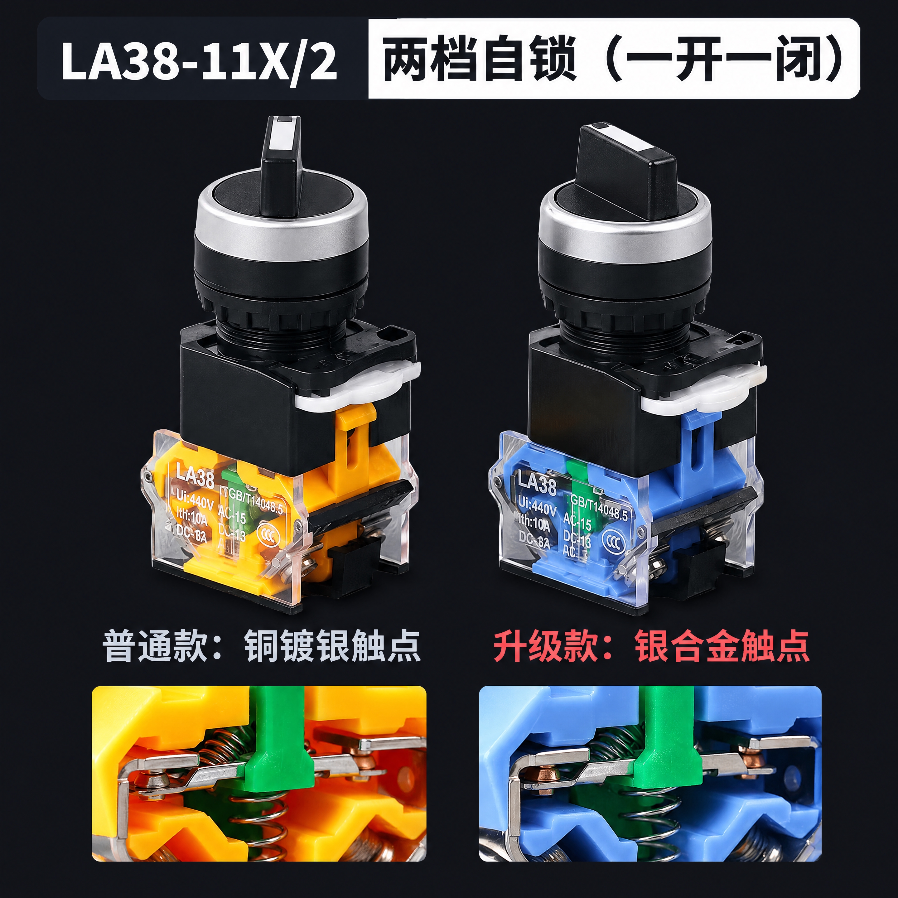 基于参考图进行LA38-11X/2两档自锁旋钮对比海报设计，严… - 图片创意预览