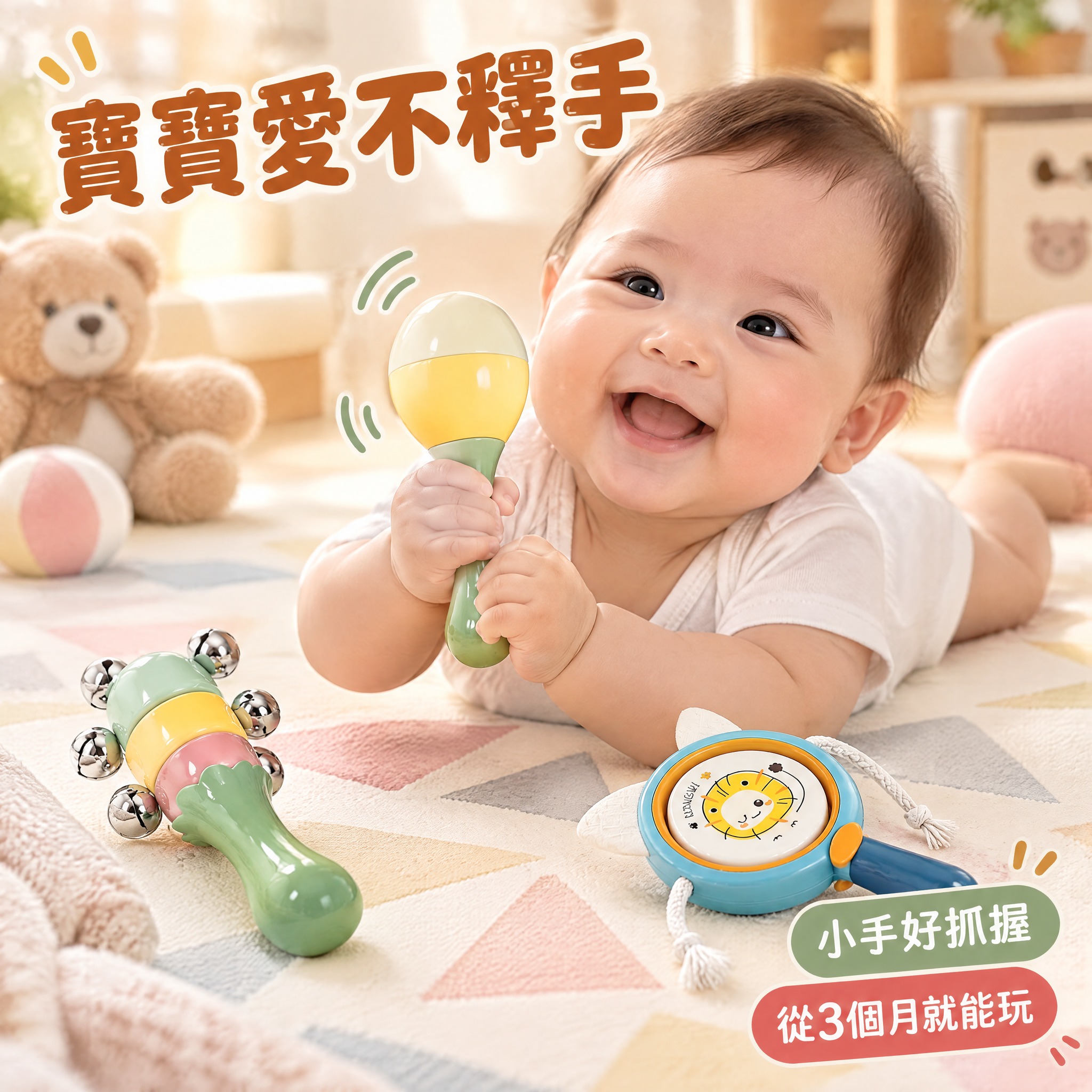 [主圖-5] 嬰兒聽覺抓握三件套 真實使用場景 寶寶抓握玩耍。… - 图片创意预览