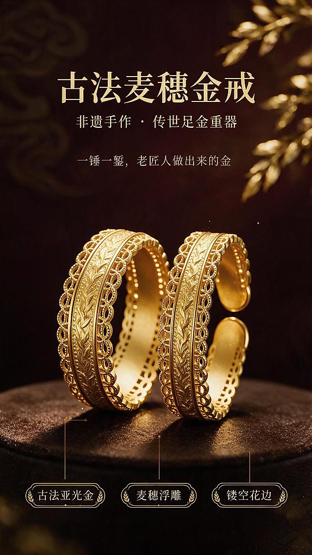 [商品] 使用【图1】【图2】古法麦穗纹镂空足金戒指（开口款+闭口款）；保留宽版厚壁戒圈、中央麦穗浮雕、上下缘镂空卷草如意花边、内壁亚光光滑、古法亚光金磨砂质感；两枚戒指结构、比例、纹饰细节、颜色材质均与原图一致，开口款开口形态准确，闭口款完整环形。
[画面] 首屏KV海报，目标建立高端非遗古法金戒第一印象。竖版构图，画面中下部两枚金戒（左闭口右开口）前后错落陈列于深棕色丝绒圆台之上，主体占画面约55%。背景为深酒红色渐变至暗金色的高级质感背景，左上角有淡淡的祥云暗纹，右上角有虚化的金色麦穗枝条作为前景点缀，带景深效果。侧前方暖柔光打在戒指上，形成温润的金色高光，阴影柔和，台面有微弱倒影。
[视觉] 套系策略：风格=东方美学国风复古高端珠宝商业摄影；标题字=宋体衬线粗体；正文字=简洁宋体；主色=深酒红+哑光金；背景延展=基于深酒红做深浅渐变、暗金晕染、祥云暗纹肌理；强调色=赤金色，仅用于小面积图标、引线、标签和局部光效；标题色=哑光金；正文色=浅米金；组件=金线描边圆角信息卡、细线引线、麦穗纹装饰边；光影=侧前方暖柔光+顶部轮廓光。
[文字] 画面上部居中主标题"古法麦穗金戒"，金色宋体大字；主标题下方副标题"非遗手作 · 传世足金重器"，稍小字号；再下方一行小字slogan"一锤一錾，老匠人做出来的金"。底部横向三个小标签："古法亚光金" / "麦穗浮雕" / "镂空花边"。文字不遮挡戒指主体。
[规格] 图片比例9:16竖版，2K，避免变形、错字、文字过小、冷蓝/蓝灰背景、戒指颜色改变、纹饰失真、开口形态错误。画面中所有信息区域必须填充完整合理的内容，不得出现空白框、空白占位、横线待填写区域、空列表项、空单元格；确保是完整可用的成品详情页而非待填写模板。