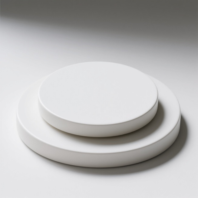 极简风格高级感底座，双层圆形结构，下层直径大于上层，通体纯净白色，表面光滑细腻具有哑光质感，边缘圆润过渡，整体呈现简约现代的设计感，光影柔和，底部有轻微阴影增强立体感，背景为纯白色无杂质，突出底座的优雅与高级。预览效果