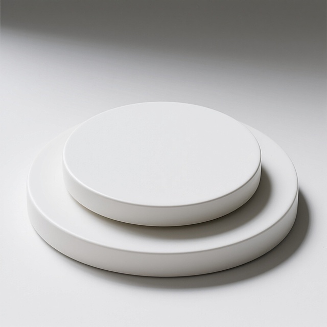 极简风格高级感底座，双层圆形结构，下层直径大于上层，通体纯净白色，表面光滑细腻具有哑光质感，边缘圆润过渡，整体呈现简约现代的设计感，光影柔和，底部有轻微阴影增强立体感，背景为纯白色无杂质，突出底座的优雅与高级。