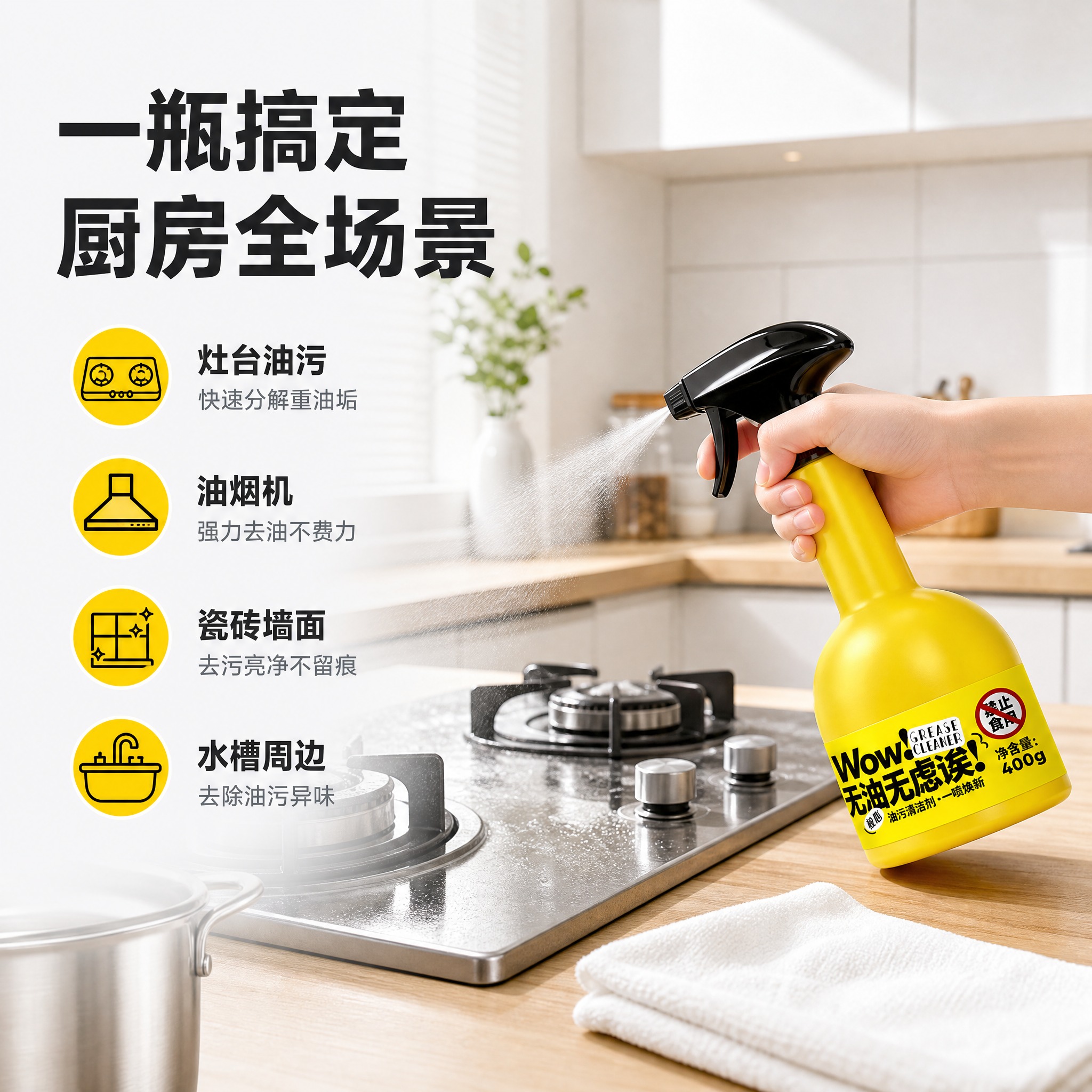 [主图-3] 场景适用与使用方式，展示极心Wow油污清洁剂在厨… - 图片创意预览