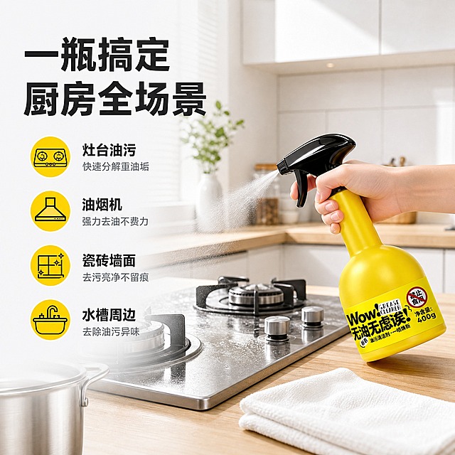 [主图-3] 场景适用与使用方式，展示极心Wow油污清洁剂在厨房真实场景中的使用状态，体现多场景适用价值。
[统一基调] 整体风格为洁净明亮的专业品质感，背景主色采用浅灰白渐变，标题字色为深灰黑色，辅助字色为中灰色，强调色为产品同款亮黄色，字体为现代无衬线粗体，字号层级分明，卡片和图标采用圆角简约样式，整体清爽通透有秩序感。
[画面] 真实现代厨房场景，明亮整洁的厨房台面，白色橱柜+浅木色台面，自然光从侧面照入。画面中央偏右位置，一只女性的手（自然姿态，手指正常）正握着极心Wow油污清洁剂，对着台面上的不锈钢燃气灶区域喷洒，喷头有细微喷雾效果。产品完整可见，黄色瓶身黑色喷头，标签文字清晰。台面上还可见干净的白色抹布、小型不锈钢锅具一角，营造真实厨房氛围。画面左侧留出负空间放置文字和适用场景图标。
[光影质感] 真实家居摄影质感，自然光从左侧窗户照入，光线柔和明亮，产品和手部有自然光影，厨房场景通透干净，产品自然融入场景不悬浮，边缘过渡自然。
[配色] 厨房整体白+浅木色暖调，产品亮黄色+黑色成为视觉焦点，标题深灰黑色，辅助文字中灰色，强调色亮黄色，整体温馨洁净。
[文字版式] 左侧负空间上方为大标题「一瓶搞定 厨房全场景」，字号最大最粗；下方为4个圆形图标+文字竖向排列，分别代表：灶台油污 油烟机 瓷砖墙面 水槽周边，每个图标配简短说明。文字全部横排，清晰可读，不遮挡产品主体。
[输出要求] 1:1正方形比例，文字清晰锐利，产品清晰不变形，手部自然无畸形，无错字，画面干净不杂乱，无水印，无平台Logo，无多余装饰。