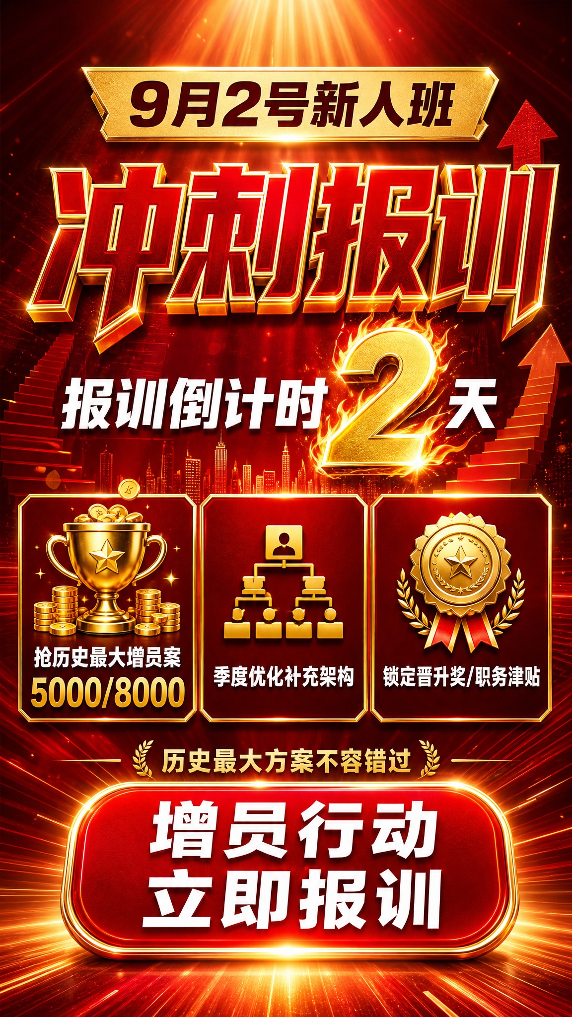 一张具有强烈冲击力的增员报训冲刺海报，竖版9:16，商务红金配… - 图片创意预览