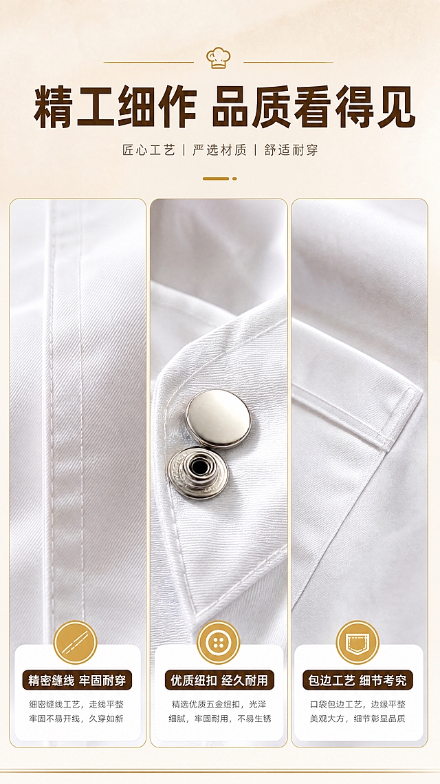 [商品] 使用【图1】白色长袖立领厨师服局部细节；保留面料白色、缝线纹理、纽扣五金、口袋包边；放大细节，增强材质质感与工艺精细度。
[画面] 目标：材质工艺细节微距展示，突出品质感。构图：三宫格横排拼图，上方标题区，下方三格细节。主体占比：每格细节占满画面。景别：微距特写。阅读动线：从上至下，从左至右。前中后景：每格为面料/工艺局部特写，浅景深突出主体。场景：影棚微距拍摄环境。
[视觉] 套系策略：风格=高端餐饮商业摄影风；标题字=粗黑体；正文字=简洁黑体；主色=纯白+暖金；背景延展=基于暖金色调做深浅层级、同色渐变和细腻纸张质感；强调色=深棕金，仅用于小面积图标、引线和标签；标题色=深棕；正文色=暖灰；组件=圆角信息卡、细线引线、金色分割线；光影=侧柔光突出纹理立体感。
[文字] 顶部主标题"精工细作 品质看得见"；三格分别标注：左格"精密缝线 牢固耐穿"配缝线微距，中格"优质纽扣 经久耐用"配纽扣特写，右格"包边工艺 细节考究"配口袋包边特写；每格底部白色小字说明。
[规格] 图片比例9:16竖版，4K，避免变形、错字、文字过小、冷蓝/蓝灰背景、面料颜色改变。