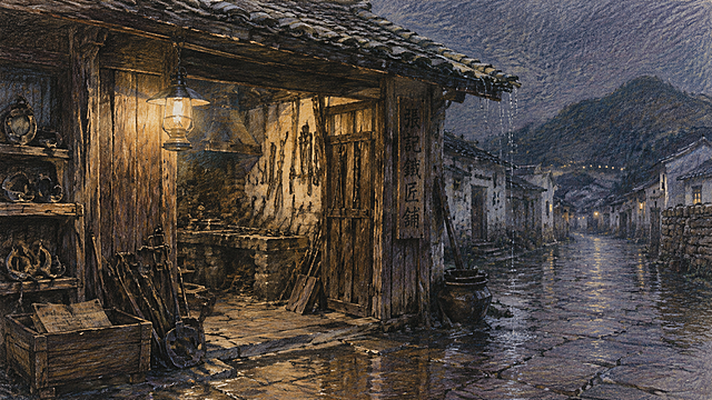 大师级彩铅手绘风格，高清高质量，超细致宏观场景，宽幅视角，中国南方古镇街角一座百年铁匠铺。铺面为木结构，门板老旧，木板缝隙中透出室内昏黄灯光。屋顶瓦片层层叠叠，部分破损，雨水从缺口处倾泻，在门前青石板上溅起细密水花。屋檐下挂着一盏铁皮煤油灯，灯罩蒙尘，光晕在雨幕中晕染成朦胧暖圈。室内透过敞开的门可见：墙边一座黑铁炭炉，炉膛积满灰烬；炉台上散落铁钳、火钩、长勺等工具，有的挂墙，有的斜靠在墙角；木架上堆满锈迹斑斑的铁件——犁头、马蹄铁、门环；角落里立着一只旧木箱，箱盖半开，露出泛黄纸角。地面是夯实泥土，雨水渗入形成深浅不一的水洼，倒映着灯光。远景处：青石板街道向远处延伸，两侧是白墙灰瓦的民居，轮廓在雨雾中模糊；远处山影隐入夜色，只有几星灯火。整幅画面以深蓝、灰紫、暗褐为主调，灯光与雨丝用暖黄铅笔提亮，纸张纹理清晰可见，铅笔线条细密，表现出雨夜潮湿、厚重的质感。空镜，无人物。彩铅画质感，纸张纹理，细密铅笔线条，大师级手绘