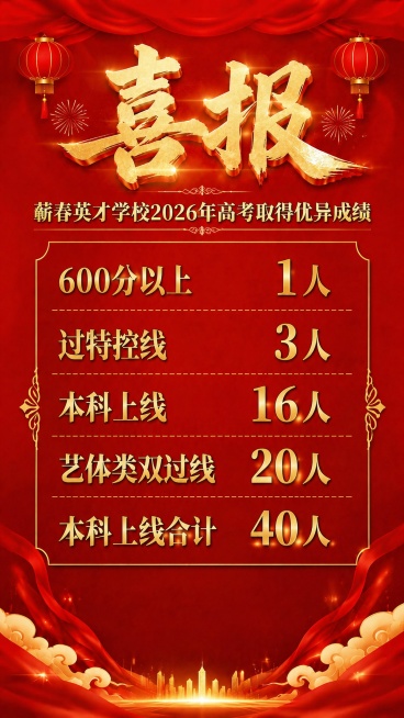 在原喜报基础上，去掉所有感谢语和落款小字，只保留顶部"喜报"大字、"蕲春英才学校2026年高考取得优异成绩"副标题，以及中间的五栏高考成绩列表：600分以上1人、过特控线3人、本科上线16人、艺体类双预览效果