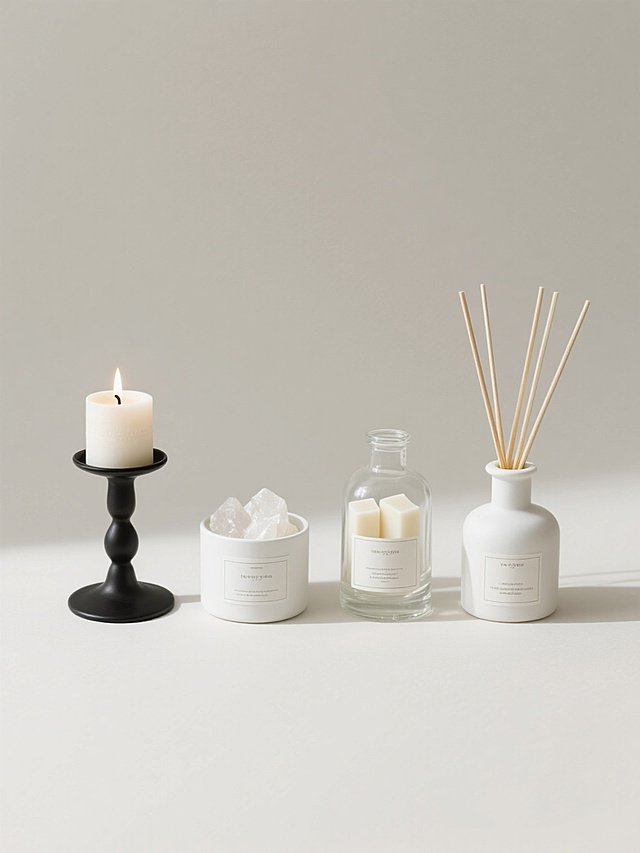 简约现代风格，四个香薰产品规整排布，每个香薰造型各异，包含带黑色烛台的白色蜡烛罐（罐内有白色晶石和燃烧的烛芯）、其他不同形态的香薰容器（如玻璃香薰瓶、香薰蜡块、藤条香薰瓶等），统一采用纯色背景，整体设计简洁干净，光影柔和自然，物体边缘清晰，无任何文字、logo和水印。