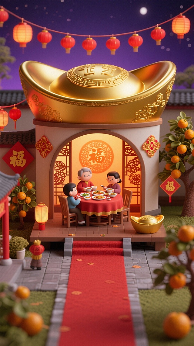 对称构图。主体是巨型金色元宝立体场景，元宝侧面开弧形窗，内部一家三口围坐圆桌吃年夜饭，元宝内壁贴金纹剪纸，整体透出暖橙光。场景置于铺红地毯的庭院中，周围点缀红灯笼、金桔树、带福字的灯笼串。夜空呈深紫色。