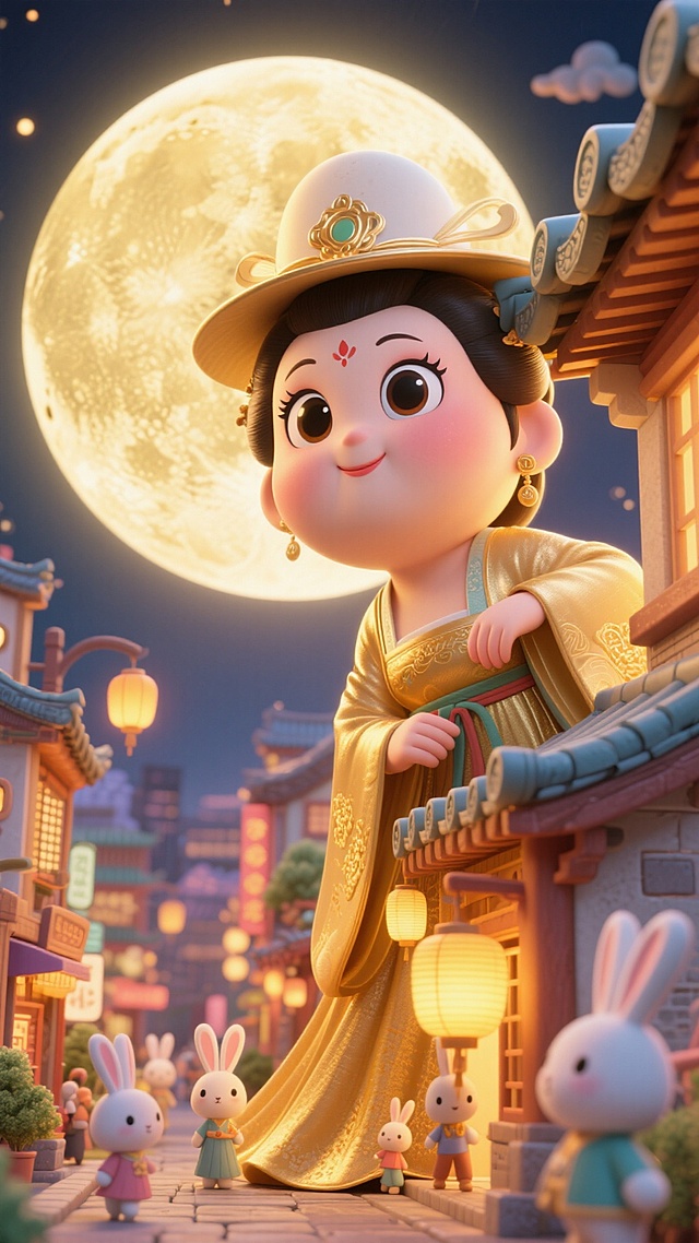 画面呈现金色调：巨人版胖嫦娥（看起来可爱又漂亮，大眼睛）脑袋侧枕着手臂从屋顶后探出，与下面的微缩的小兔国（熙熙攘攘的拟人兔子在繁华的街道过中秋节）互动，非常规的创意构图，中秋节庆的氛围，顶部硕大的月亮，