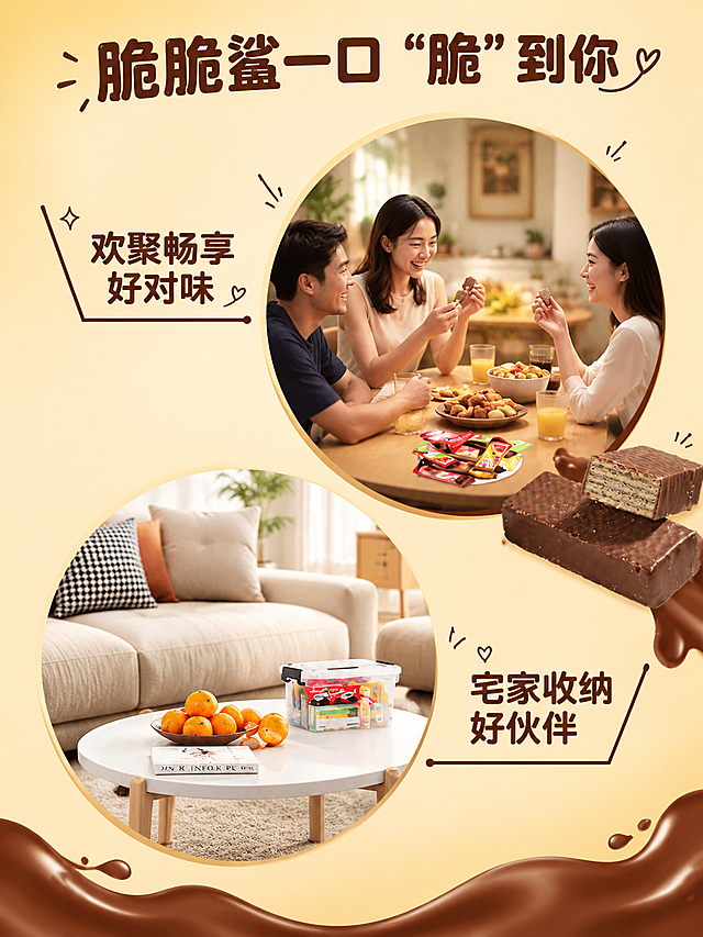 [商品] 使用【图7】场景种草页上半部分：上方圆形场景图展示3位亚洲年轻人围坐餐桌欢聚分享脆脆鲨的温馨场景，桌上摆放多口味脆脆鲨小包装和食物；下方圆形场景图展示宅家客厅场景，白色小圆桌上放收纳盒和橘子，米色沙发做背景；右侧巧克力味威化块做装饰元素。保留脆脆鲨产品包装和威化块的颜色、Logo、结构。
[画面] 场景种草页（欢聚+宅家），目标展示多场景食用适配性。上下两个圆形场景图错落排列，上圆偏右、下圆偏左，用巧克力棕色细引线连接文字说明。浅米黄色渐变背景，底部巧克力液体流淌效果做装饰。整体氛围温馨治愈。
[视觉] 套系策略：风格=国内电商零食食欲风商业摄影；标题字=圆润粗黑体，带轻微字重变化；正文字=简洁无衬线体；主色=暖红+奶黄米色系；背景延展=基于暖红和奶黄做深浅渐变、同色桌面质感和柔和光影层次；强调色=深巧克力棕，仅用于小面积图标、引线和装饰元素；标题色=深巧克力棕；正文色=暖深棕；组件=圆角对话气泡、手绘小装饰（星星/爱心）、细线引线；光影=左前侧暖柔光，产品边缘有柔和轮廓光，整体明亮通透有食欲。
[文字] 顶部大标题"脆脆鲨一口 "脆" 到你"；左上引线文字"欢聚畅享 好对味"；右下引线文字"宅家收纳 好伙伴"。文字全部横向排版，引线清晰。
[规格] 图片比例3:4竖版，4K，避免变形、错字、文字过小、冷蓝/冷灰背景、产品颜色改变、人物不自然。