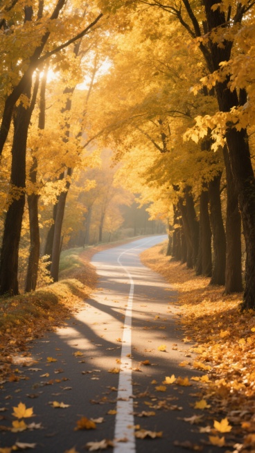 秋日黄昏，一条被两侧高大的、枝叶繁茂的金色枫树完全覆盖的蜿蜒小路，路面上散落着大量金黄的枫叶，阳光透过树叶的缝隙洒下斑驳的光影，形成长长的树影投射在地面上，道路中间有一条白色的分隔线，两侧地面铺满厚厚的落叶，整体色调温暖明亮，充满秋日的宁静与浪漫氛围，超写实摄影风格，高清晰度，细腻的光影质感，自然的色彩过渡。预览效果