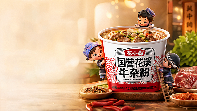 基于现有图片修改，将速食粉的盖子打开，露出桶内装好的牛肉粉实物画面，保留粉条和牛肉块，看起来真实诱人。保留原画面的全部其他元素：三个3D互动小人、调料碗、红辣椒、生鲜牛肉、左侧留白区域、暖调美食背景，整体构图和风格保持不变，仅修改盖子和内部内容，维持整体和谐自然的美食推广氛围，写实商业摄影，4K分辨率