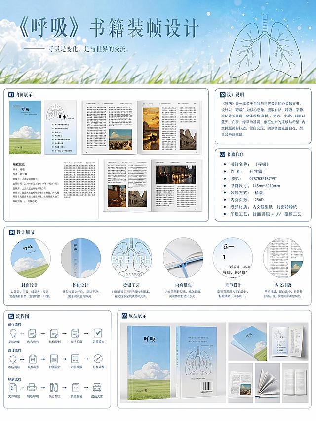 参考提供的第一张图片《失焦》书籍装帧设计展示版式，为主题为呼吸的书籍重新生成一份完整的设计展示长图，包含以下六个板块：1内页展示2设计说明3书籍信息4设计细节5成品展示6流程图，整体排版和布局结构参考第一张图的版式设计，内容为呼吸主题书籍，包含提供的其他图片中的书籍封面、内页、目录、版权信息等内容，整体风格干净清新，符合呼吸主题
