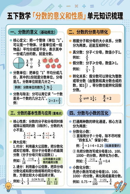 制作一张A4大小的五年级数学分数知识梳理海报，风格清晰吸睛，标题为“五下数学「分数的意义和性质」单元知识梳理”，内容分为四个模块：模块一：分数的意义（基础概念）
• 核心定义：把一个整体（单位“1”，预览效果