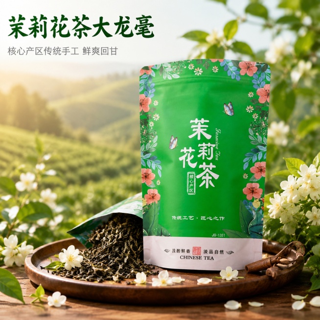 [主图-1] 茉莉花茶大龙毫产品首图，突出自然鲜爽食欲感。
[氛围风格] 清新自然国风茶园氛围，高级干净商业摄影感；
[画质] 商业摄影质感，光线柔和通透，产品清晰真实，画面干净高级。
[元素] 茉莉预览效果