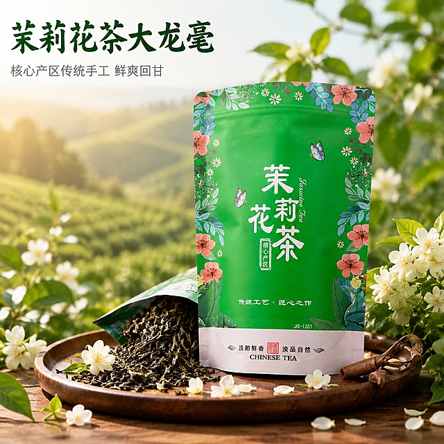 [主图-1] 茉莉花茶大龙毫产品首图，突出自然鲜爽食欲感。
[氛围风格] 清新自然国风茶园氛围，高级干净商业摄影感；
[画质] 商业摄影质感，光线柔和通透，产品清晰真实，画面干净高级。
[元素] 茉莉花茶包装袋居中展示，搭配原木茶盘，旁边散落新鲜茉莉花瓣，干茶叶从包装中自然倾出到茶盘；左上角保留原包装品牌文字区域，保持茉莉花茶大龙毫产品外观（物理结构、材质质感、颜色）与输入产品图绝对一致，杜绝任何变形和色差，精细化处理。商品主体占比严格控制在65%左右，画面满屏无边框。
[光影] 自然暖阳从茶园方向逆光射入，通透柔和，突出茶叶干茶的鲜活纹理，花瓣带有柔和光晕，整体温暖通透不暗沉。
[配色] 主色调取自产品原包装清新绿色，搭配原木暖棕色和茉莉白色，自然清新舒适。
[视角构图] 平视视角，主体居中，浅景深突出产品包装主体，背景虚化朦胧茶园意境。
[文字版式] 左上安全边距左对齐，大字主文案“茉莉花茶大龙毫”，深绿色粗体国风书法字；下方辅助小字“核心产区传统手工 鲜爽回甘”，字号缩小50%，浅灰色清晰可读，不遮挡产品主体。
[输出要求] 1:1比例，文字清晰可辨，超高清商业摄影质感。
[负向提示词] 变形，文字错乱，产品图模糊，背景杂乱，水印，电商平台Logo，绝对化违禁词。