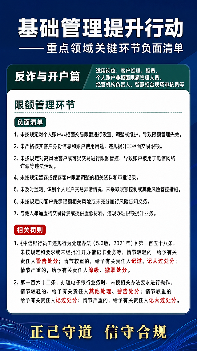 一张正式简洁的银行合规宣传竖版长图海报，整体风格简洁正式，深蓝色主色调。顶部大标题区：主标题大字「基础管理提升行动」，副标题「——重点领域关键环节负面清单」，简洁大气，无多余装饰。主体内容为反诈与开户篇，墨绿色头栏标注「反诈与开户篇」，右上角小字标注适用岗位：客户经理、柜员、个人账户非柜面限额管理人员、经营机构负责人、智慧柜台现场审核员等。白色文本框内分为两部分：小节标题「限额管理环节」（墨绿色粗体，醒目突出）。「负面清单」部分以编号列出7条黑色正文。「相关罚则」部分标题为红色粗体，内容中处分等级关键词用醒目的红色字体标红着重凸显：第1条中「警告处分」「记过、记大过处分」「降级、撤职处分」标红；第2条中「其他处理、警告处分」「记过处分」「记大过处分」标红。罚则完整内容：1.《中信银行员工违规行为处理办法（5.0版，2021年）》第一百五十八条，未按规定和要求或未经批准开办借记卡业务等，情节较轻的，给予有关责任人警告处分（红色）；情节较重的，给予有关责任人记过、记大过处分（红色）；情节严重的，给予有关责任人降级、撤职处分（红色）。2.第一百六十二条，办理电子银行业务时，未按相关办法要求进行操作，情节较轻的，给予有关责任人其他处理、警告处分（红色）；情节较重的，给予有关责任人记过处分（红色）；情节严重的，给予有关责任人记大过处分（红色）。底部深蓝色区域居中大字标语「正己守道 信守合规」（金色字体）。画面中没有任何中信银行logo和名称。整体版式精美简洁，信息分区清晰，编号规整，高对比文字易读，四周留有安全边距。所有信息区域填充完整，无空白占位。所有数字精确渲染。
