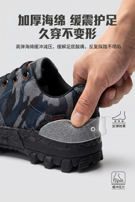 第3屏软弹缓震卖点，浅灰背景，足跟加厚特写，手指按压展示回弹效果。主色调深灰炭灰色，辅助色低饱和藏青哑光黑，点缀色低饱和深橙土黄，工装硬核风，低饱和不花哨，自然光实拍，突出材质细节。主标题"加厚海绵预览效果