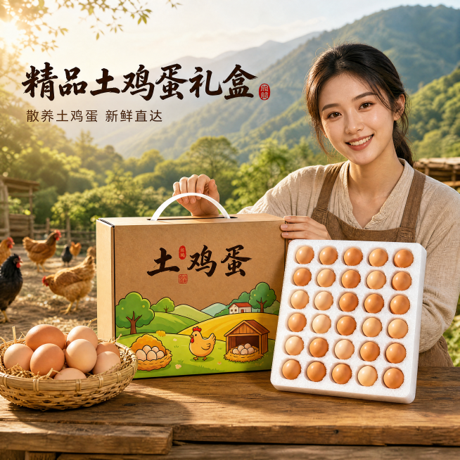 [主图-1] 精品土鸡蛋礼盒首图。[氛围风格] 朴实自然的农村山林生鲜摄影风格，清新自然有食欲感。[画质] 商业摄影质感、光线柔和通透、产品清晰真实、画面干净高级。[元素] 土鸡蛋礼盒放置在木质桌子上预览效果