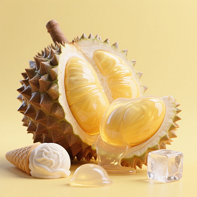 3D轻拟物风设计，清新感十足的榴莲与冰淇淋结合，视觉效果生动逼真。