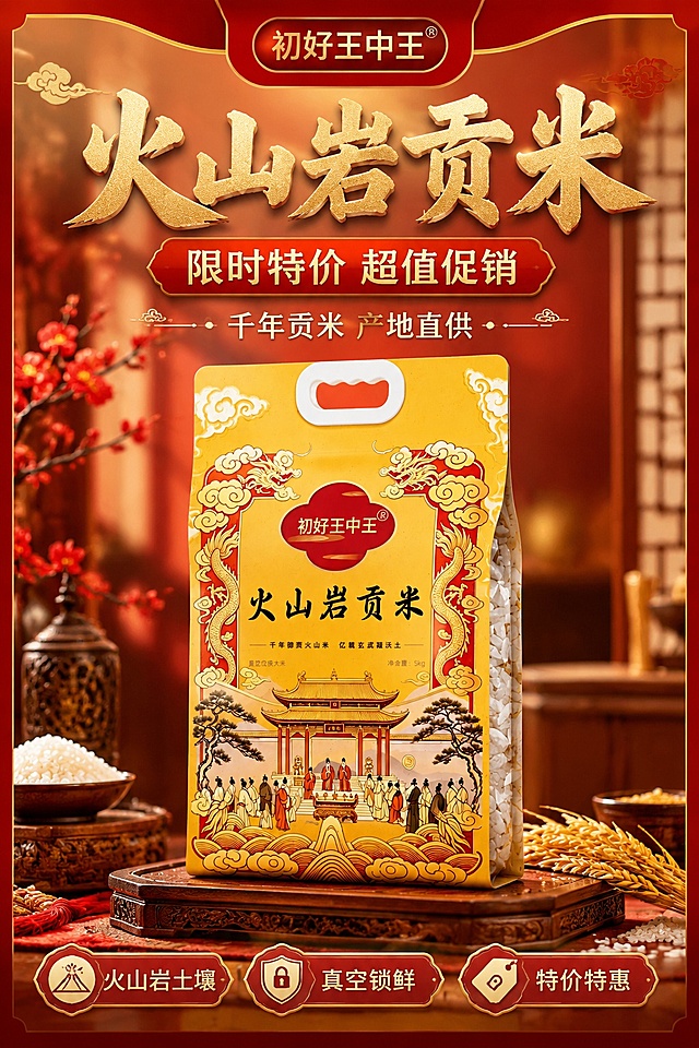 商品营销促销海报，主题为火山岩贡米特价促销，采用国风红金促销风格，写实商业摄影，9:16比例，版式精美。主标题“火山岩贡米”，副标题“限时特价 超值促销”，装饰文案“千年贡米 产地直供”，卖点标签“火山岩土壤”“真空锁鲜”“特价特惠”。
100% 还原上传商品图的产品外形、包装、LOGO、印刷文字、净含量，以上传图为唯一商品主体来源，完整保留原图中的袋装轮廓、结构、比例、品牌logo、产品文字、容量信息、材质质感、颜色与正面朝向，包装、配色、产品结构与标签布局均与上传图保持一致；设计仅作用于背景、光影、道具、版式和文字区；商品主体占据画面中下部，比例约60%，文字不遮挡主体。
红金暖色调促销背景，顶部为品牌活动栏，中部为产品展示区，底部为促销利益点，分区清晰主次分明，暖光顶部自然光+侧前方柔光，整体呈现食欲感与促销氛围，画质超高清4K，四边保留安全边距，文字清晰可读。