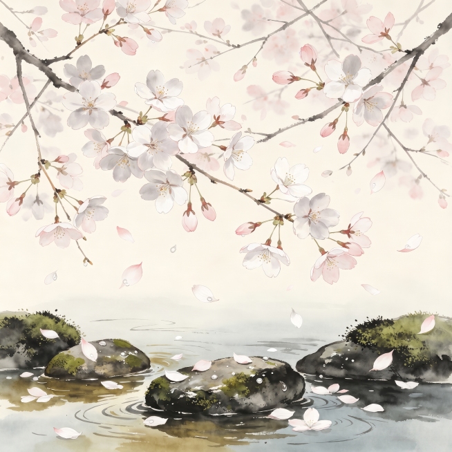 重新生成画面内容，保留樱花树枝、水面石头和花瓣的整体构图与水彩风格，移除全部文字预览效果
