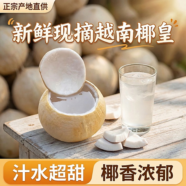 越南椰皇电商主图，首要目标是在搜索结果页中一眼抓住注意力。顶部核心信息区主标题艺术字体写“新鲜现摘越南椰皇”，左上角配“正宗产地直供”小标签。中部商品展示区居中放置用户提供的这款越南椰皇，椰子主体保持不变，背景换成清爽的原木质地桌面，旁边点缀几块新鲜椰肉和装着椰水的透明玻璃杯，暖调自然光线突出产品新鲜质感。底部辅助信息区采用通栏设计，通栏为橙黄色背景，左侧白色字体写“汁水超甜”，右侧白色字体写“椰香浓郁”。整体风格温暖治愈，商品占据核心视觉位置，文字不遮挡椰子主体，宽高比1:1。