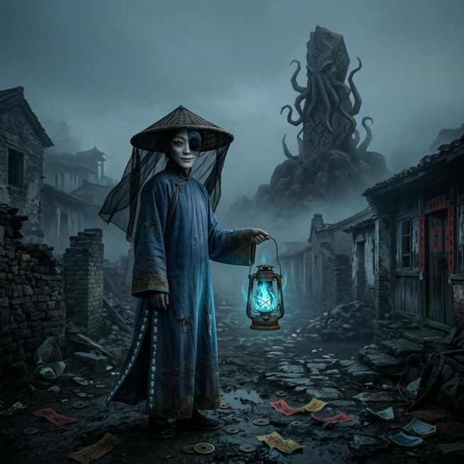 青灰色调的废弃村落，残破砖墙与褪色春联若隐若现，远处雾气中浮现扭曲的克苏鲁风格低多边形祭祀石碑，地面散落铜钱、纸符与破碎陶罐。主体是身着褪色藏青色长衫、袖口绣暗金色云雷纹的人物，面部被宽檐竹笠遮挡，笠预览效果