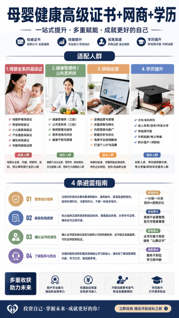 制作母婴健康高级证+学历提升报考指南图文海报，顶部大标题"母婴健康高级证书+网商+学历"，分板块展示适配人群（母婴全系列高级证、健康管理师/公共营养师、网商运营、学历提升）和4条避雷指南，信息完整排版预览效果