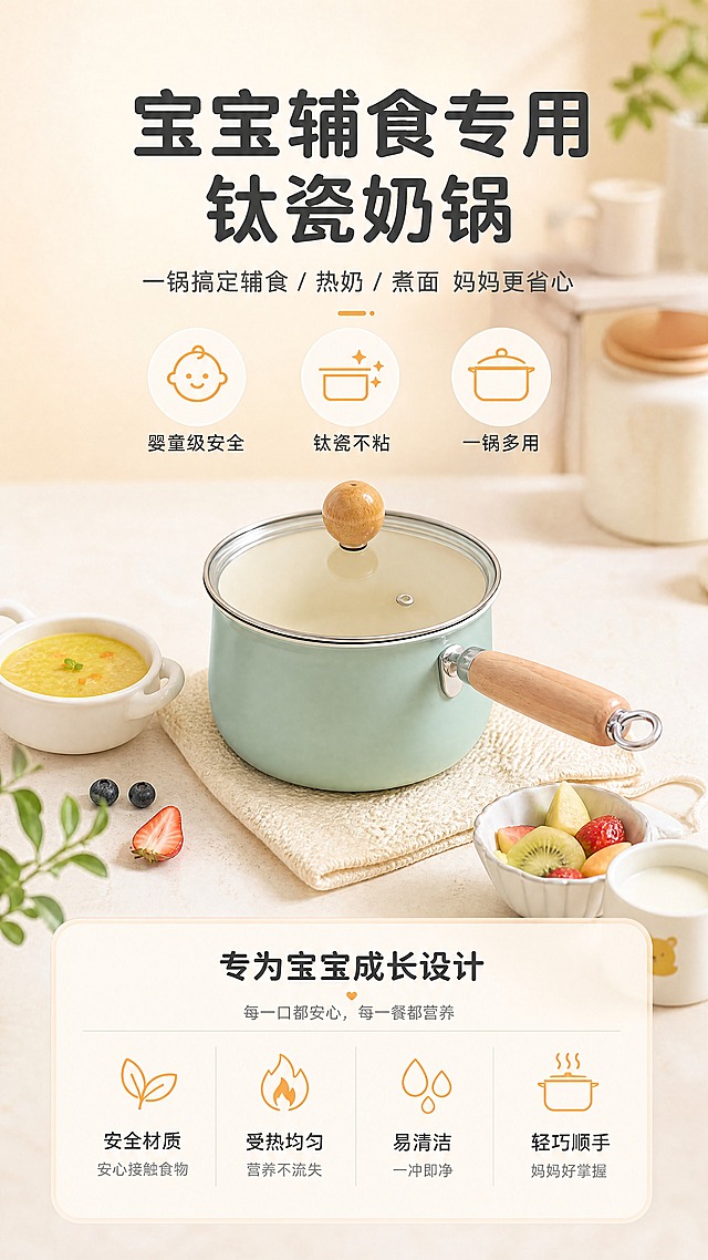 [商品] 使用【图1】【图3】薄荷绿钛瓷奶锅（带木质手柄、透明玻璃锅盖）；保留锅身薄荷绿颜色、米白色内壁、原木色手柄及悬挂孔、玻璃锅盖及木质顶珠的结构和材质，锅身比例、手柄连接方式不变。
[画面] 第1张·头图海报页，目标：打造宝宝辅食专用奶锅的温馨治愈第一印象。上下构图，上半部分产品占画面55%，奶锅放置在清新厨房台面上，旁边点缀宝宝辅食碗、小米粥、水果等温馨道具；下半部分留信息区。阅读动线：从上到下，先看产品再看文案。前景：台面小绿植/餐布；中景：奶锅主体+辅食道具；后景：浅米色厨房墙面虚化。
[视觉] 套系策略：风格=清新治愈系家居商业摄影，暖调自然光；标题字=圆润黑体粗体；正文字=简洁无衬线体；主色=薄荷绿+浅米杏；背景延展=基于浅米杏做深浅层级、同色渐变和细腻哑光质感；强调色=暖橙色，仅用于小面积图标、引线和标签；标题色=深炭灰；正文色=中暖灰；组件=圆角浅底信息卡、细线引线、圆形图标；光影=左前侧暖柔光，柔和自然阴影。
[文字] 顶部大主标题"宝宝辅食专用钛瓷奶锅"，副标题"一锅搞定辅食/热奶/煮面 妈妈更省心"，下方3个圆形图标卖点："婴童级安全""钛瓷不粘""一锅多用"，文字区位于画面下半部，不遮挡锅身主体。
[规格] 图片比例9:16竖版，4K，medium质量。避免变形、错字、文字过小、冷蓝/蓝灰背景、锅颜色改变、结构失真、拼多多logo/水印。